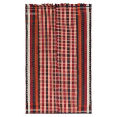 Vintage Persian Kilim in Red with Plaid Multicolor Stripes