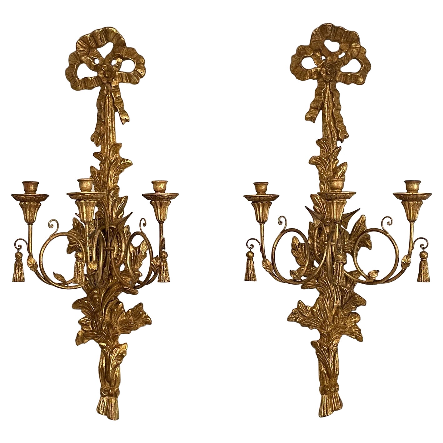 Italian Giltwood Louis XVI Style Carved 3-Arm Sconces