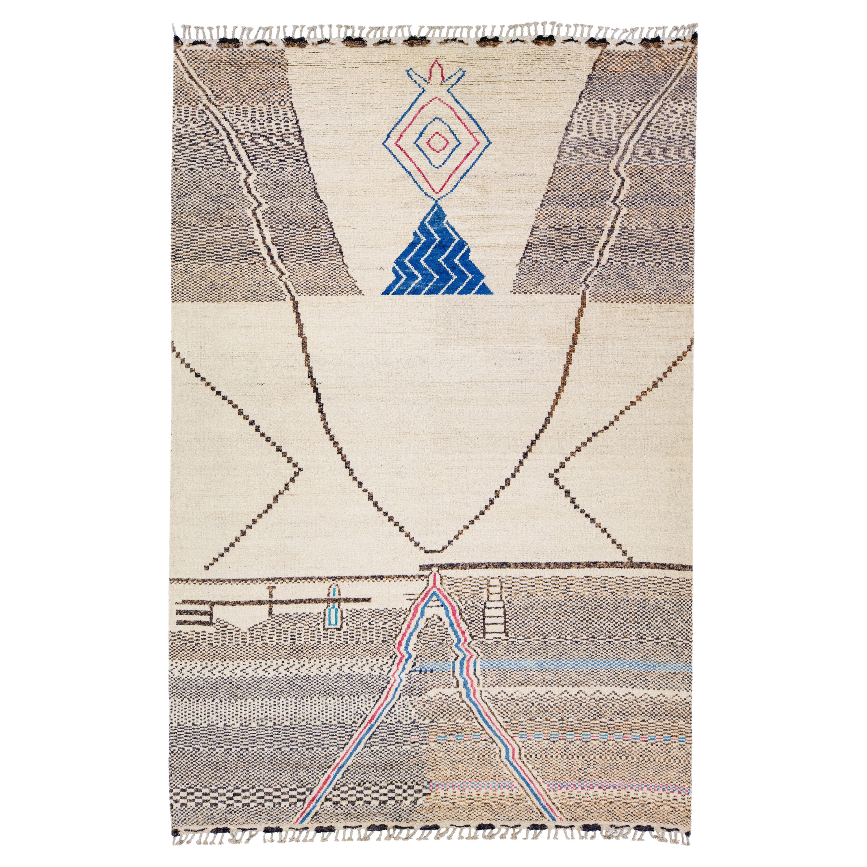 Beige Moroccan Berber Style Handmade Abstract Wool Rug For Sale