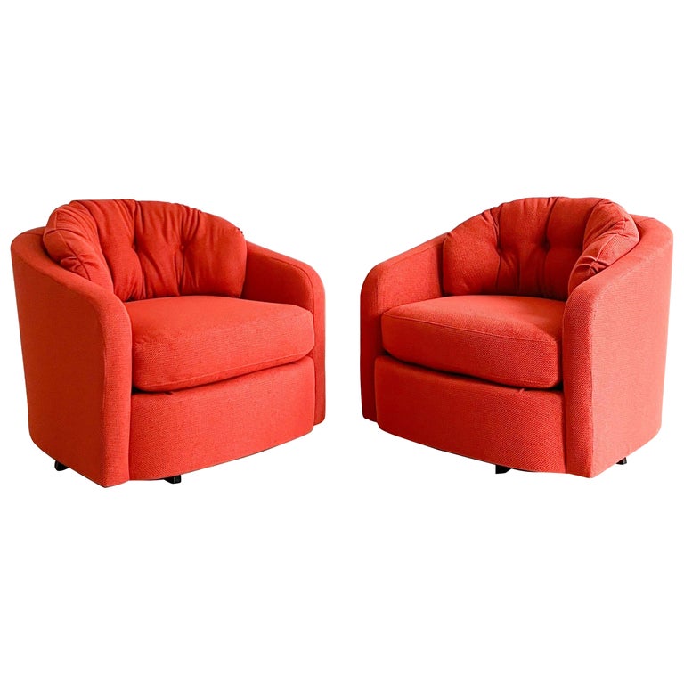 Modern Swivel Lounge Chairs with New Orange/Red Upholstery For Sale at