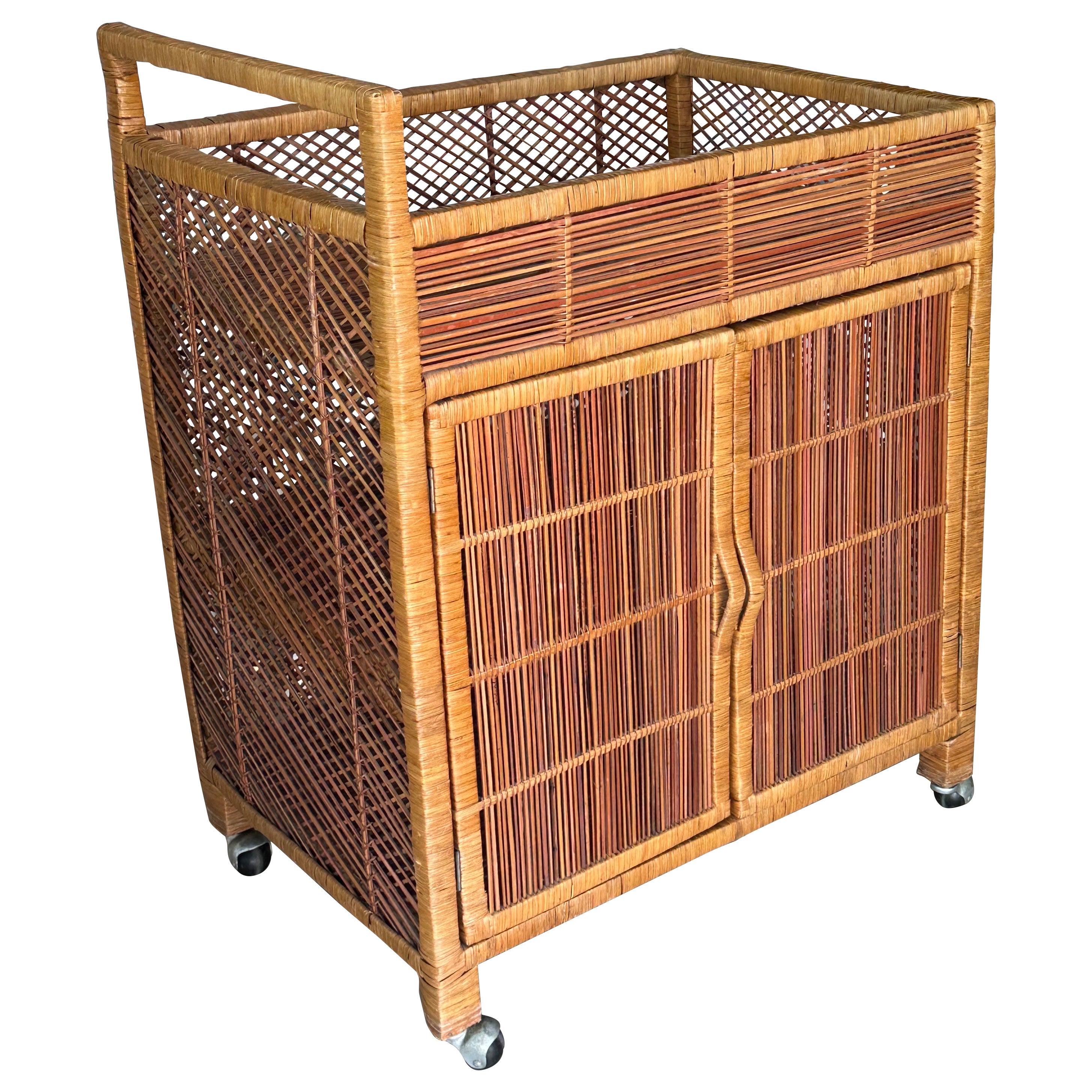 Vintage Palm Beach Wrapped Wicker Reed Rattan Bar Cart with Shelves & Doors For Sale