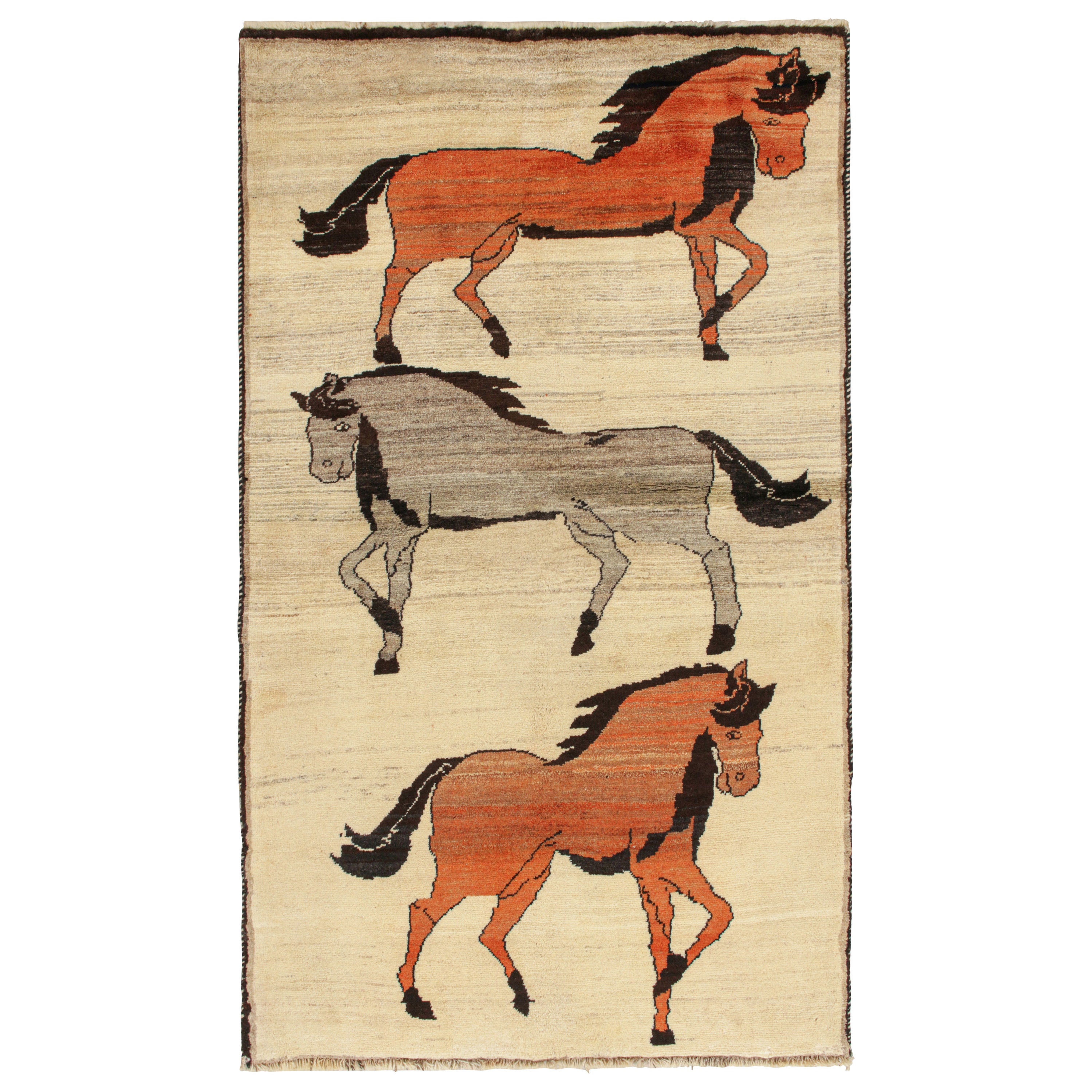 Vintage Persian rug in Beige with Horse Pictorials by Rug & Kilim For Sale