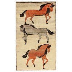 Retro Persian rug in Beige with Horse Pictorials by Rug & Kilim