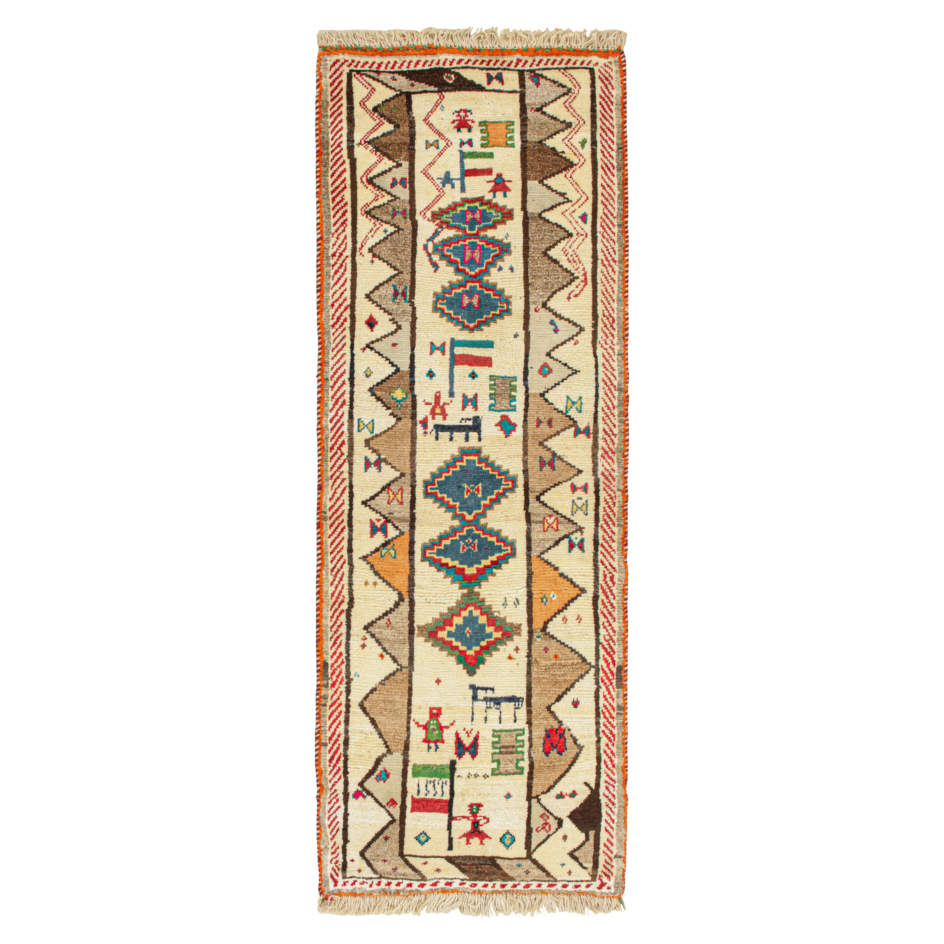 Persischer Stammeskunst-Läufer in Beige mit geometrischen Mustern von Teppich & Kilim