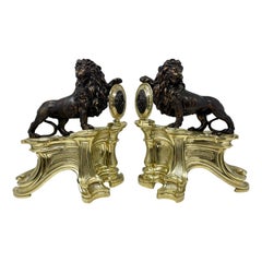 Pair Antique Bronze and Ormolu Heraldic Lions Andirons, circa 1855-1865