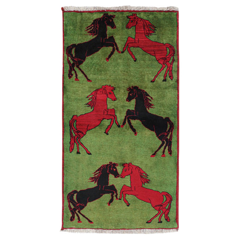 Vintage Persian Rug in Green with Black and Red Horse Pictorials by Rug and Kilim For Sale at