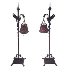 Pair of Iron Gothic Dragon with Heraldic Design Shade Floor/Table Lamps