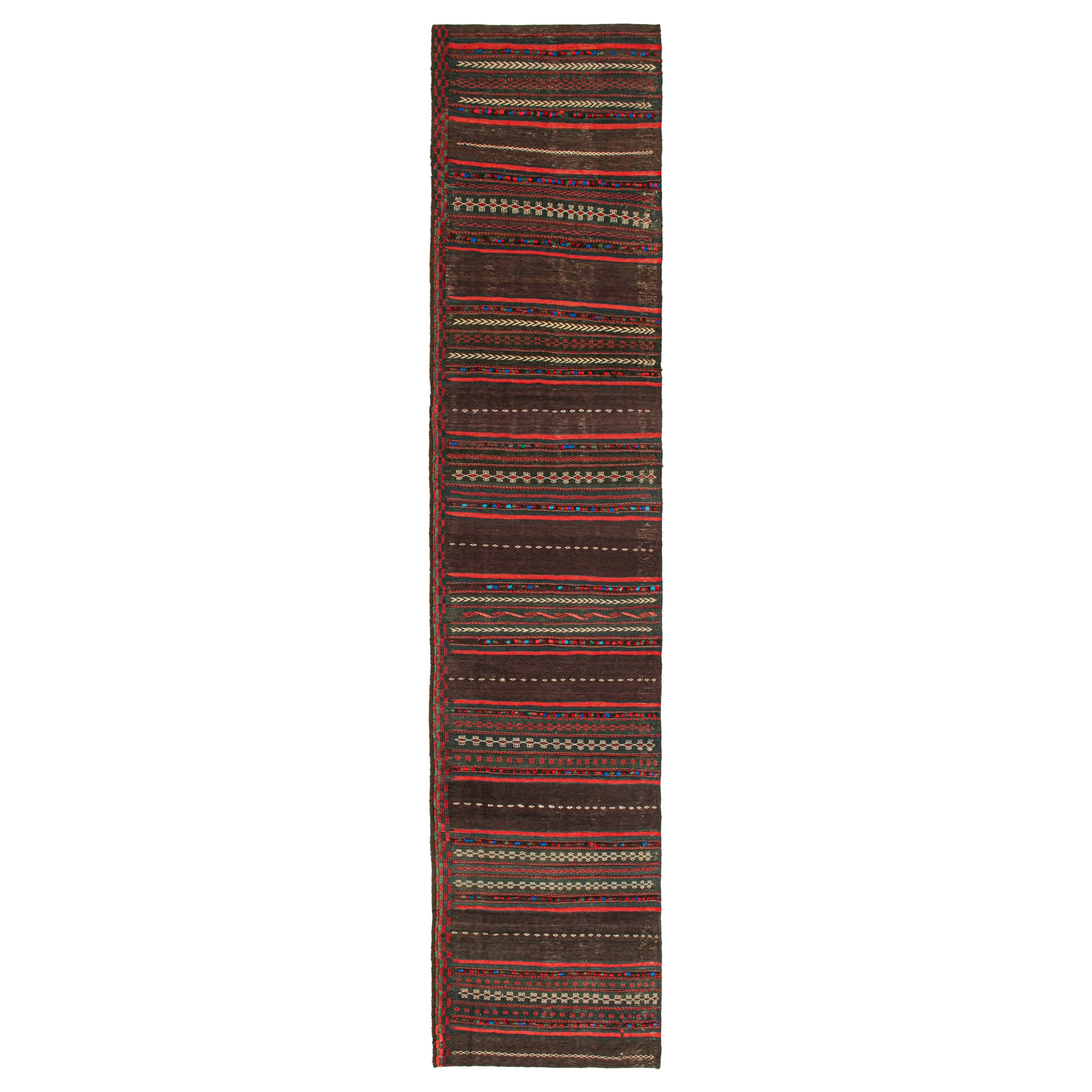 Vintage Persian Kilim Runner in Aubergine with Red Stripes by Rug & Kilim For Sale