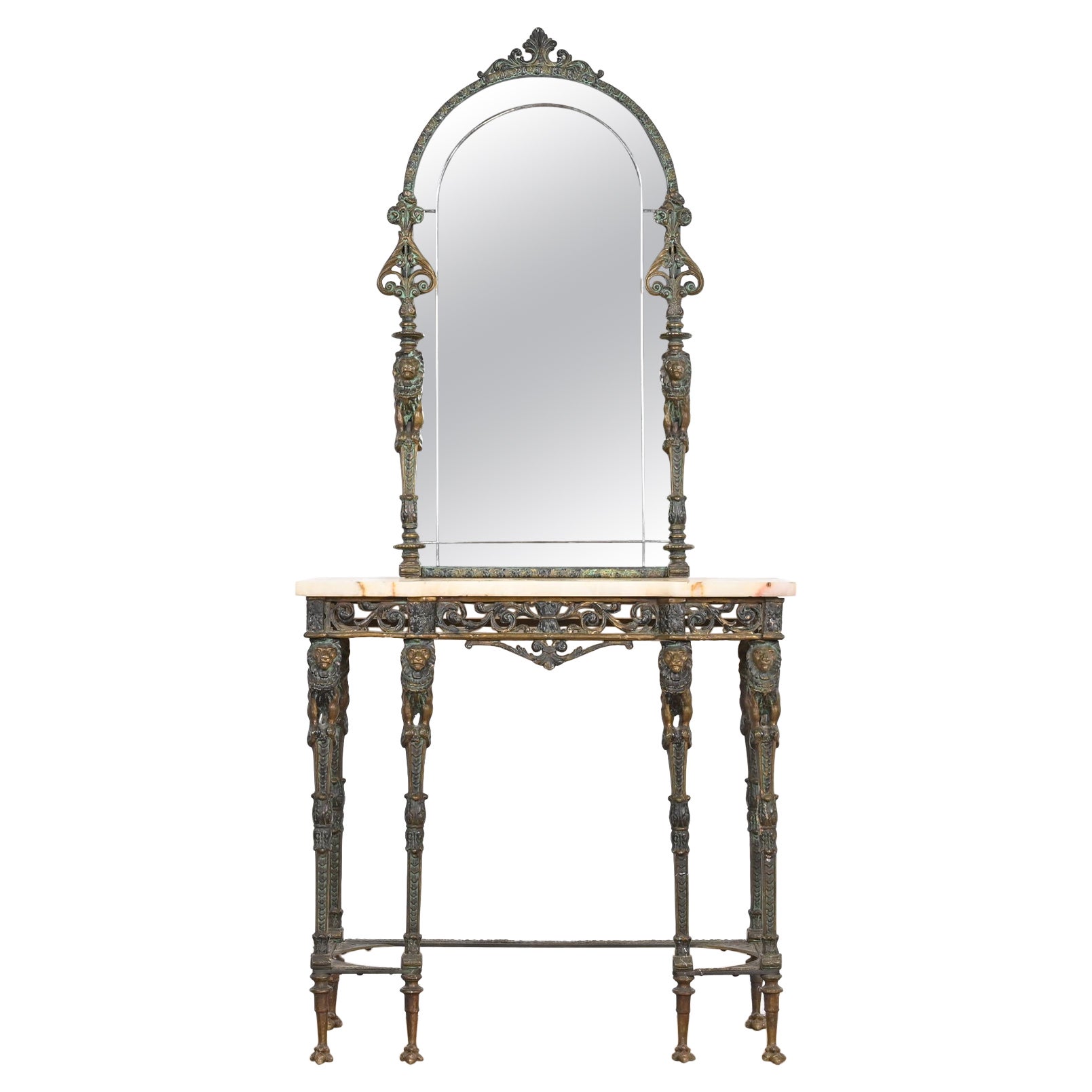 Neoclassical Bronze Marble Top Console with Mirror Attributed to Oscar Bach For Sale