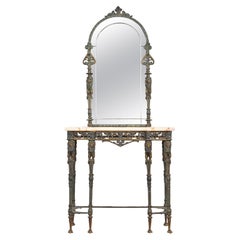 Neoclassical Bronze Marble Top Console with Mirror Attributed to Oscar Bach