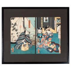Framed Japanese 19th Century Diptych Woodblock Print Toyokuni II