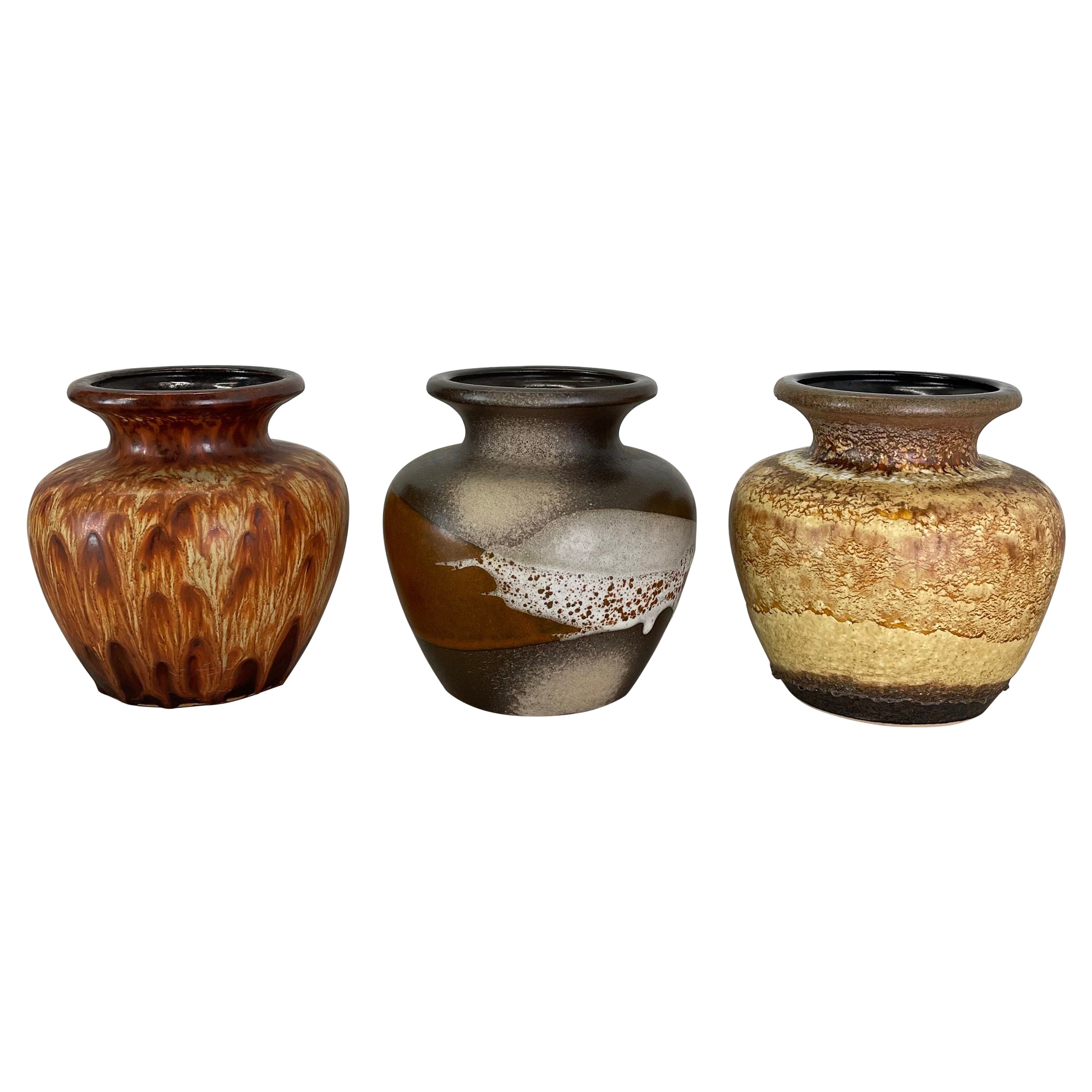 Set of Three Vintage Pottery Fat Lava Vases Made by Scheurich, Germany, 1970s For Sale