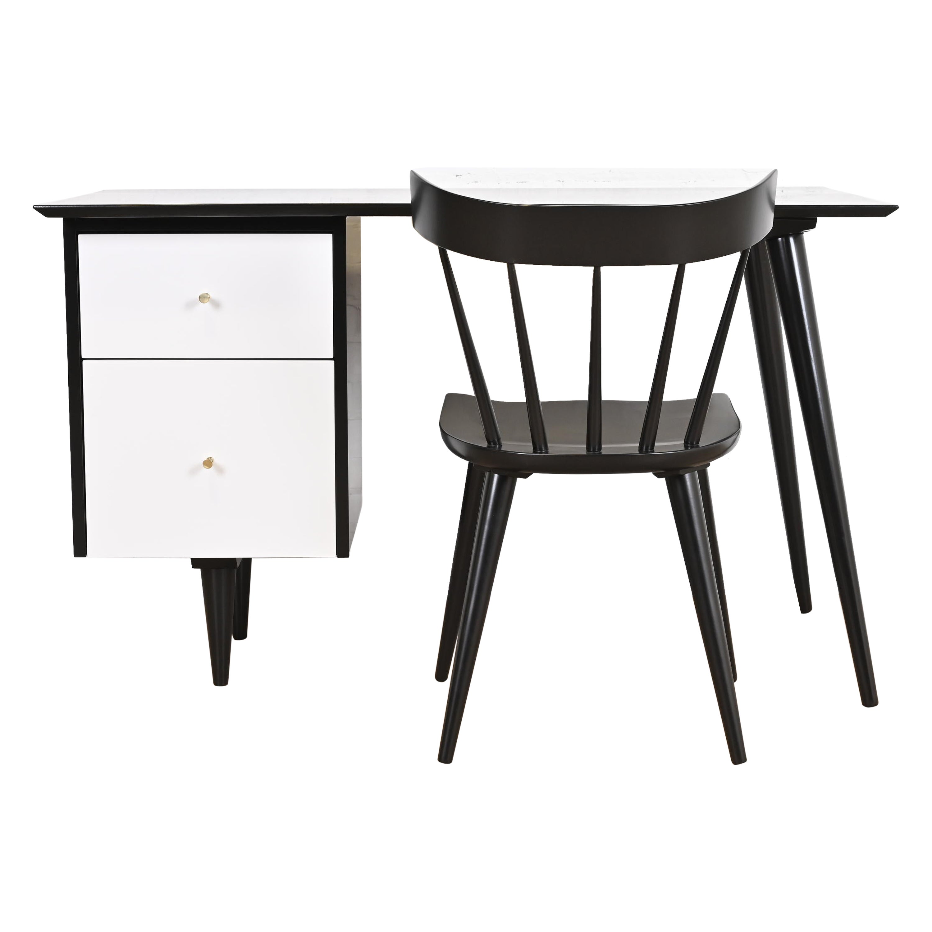 Paul McCobb Planner Group Black and White Lacquered Writing Desk and Chair