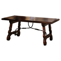 Antique 19th Century Spanish Parquet Top Carved Oak and Iron Dining Trestle Table