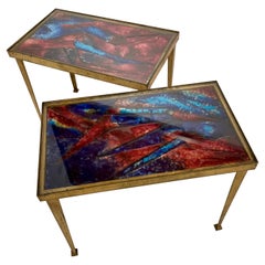 Fine Pair of Gilt Wrought Iron Side Tables With Enamels Tops, France 1960