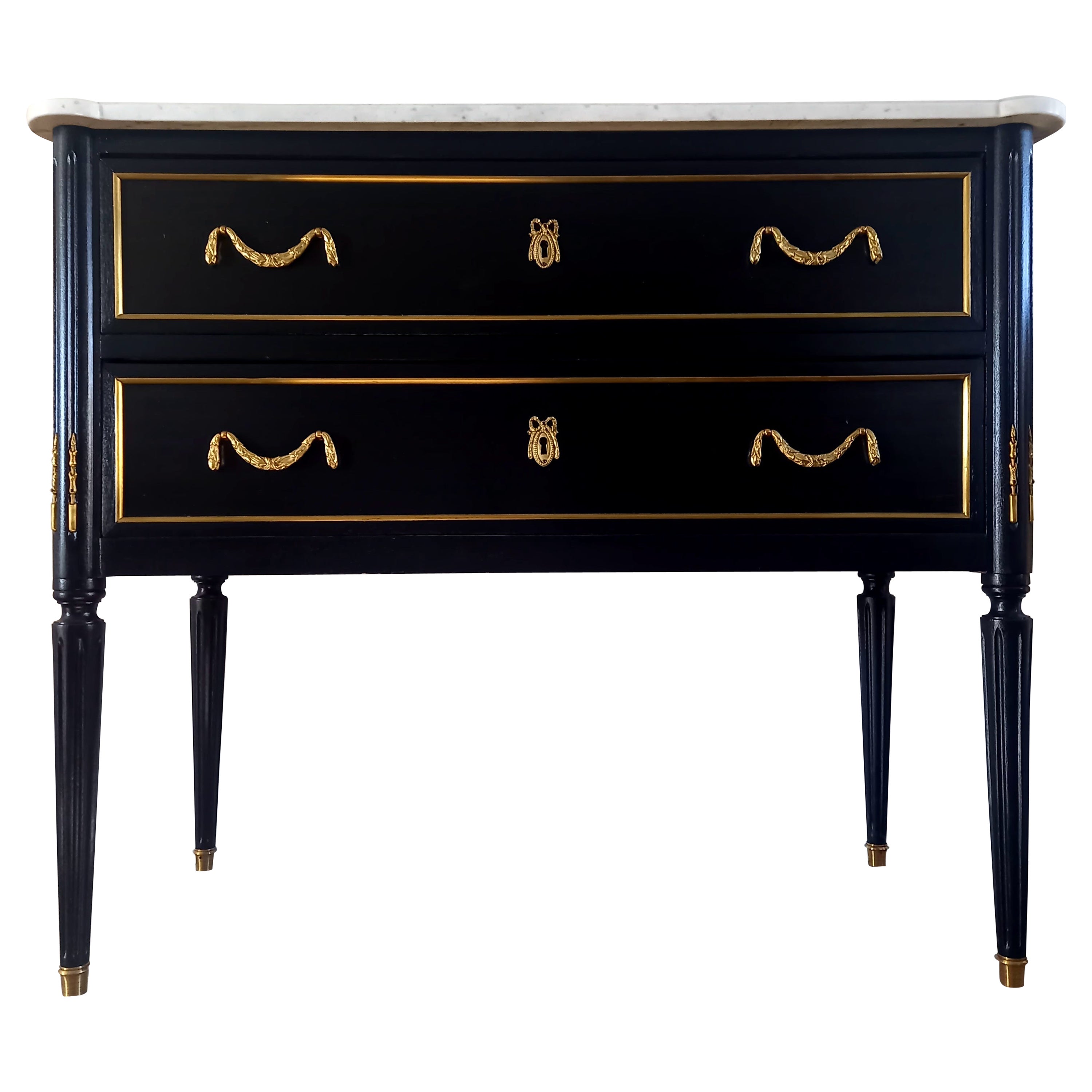Antique French Louis XVI Chest of Drawers Commode Carrara Marble, Bronze & Brass For Sale