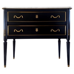 Retro French Louis XVI Chest of Drawers Commode Carrara Marble, Bronze & Brass