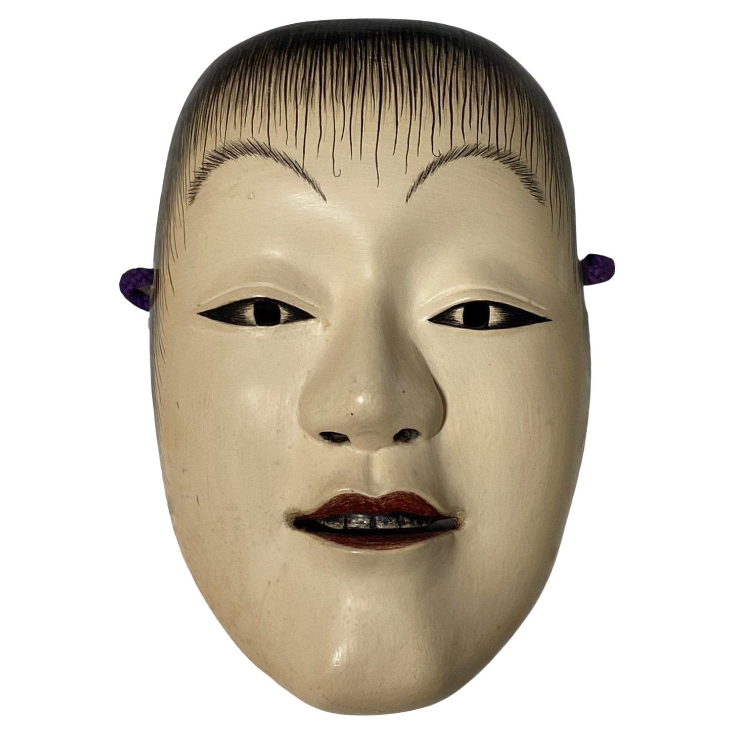 Japanese Signed Hand Carved Wood Noh Theater Mask of Doji, Early Showa Period
