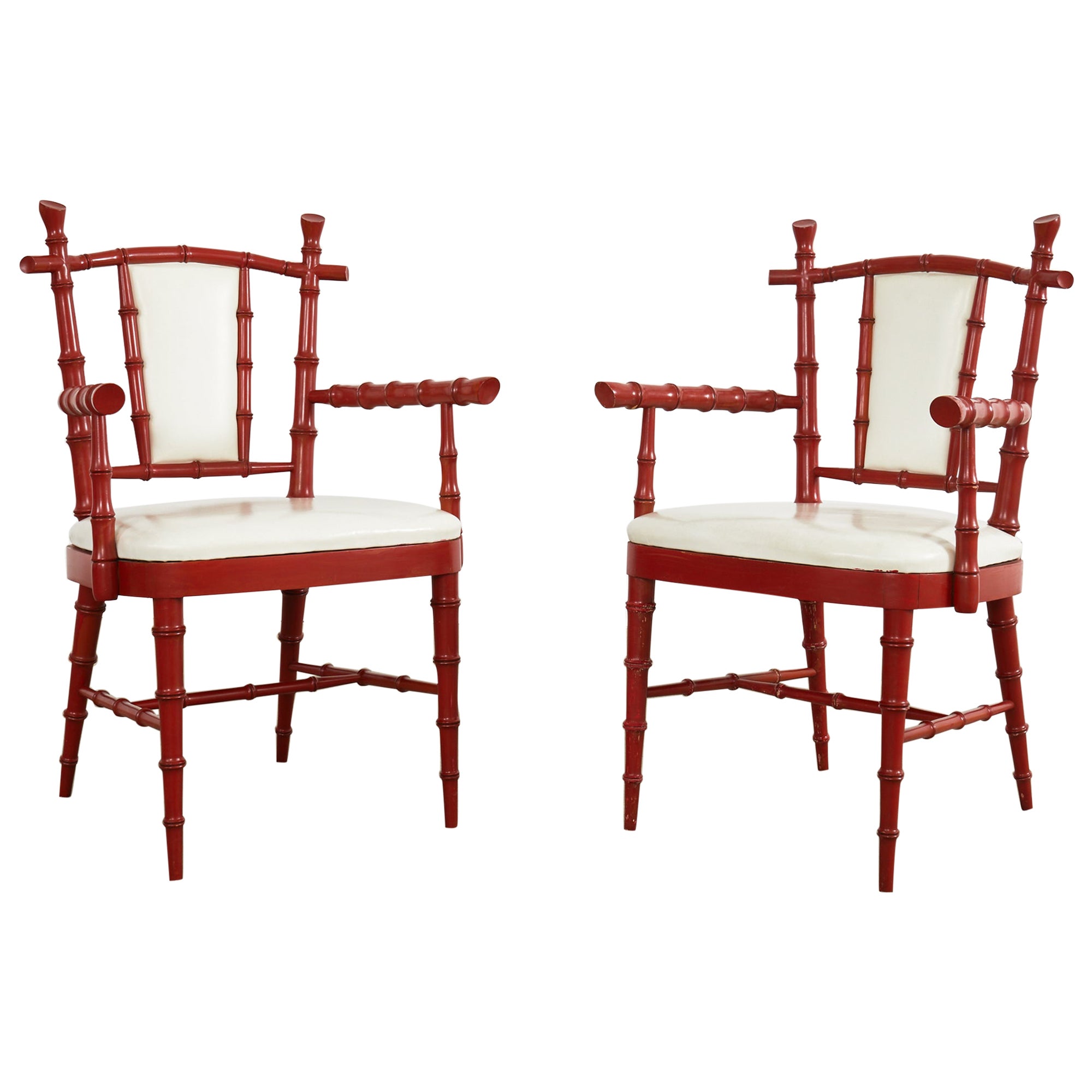 Pair of Mid-Century Chinese Chippendale Coral Red Faux Bamboo Armchairs For Sale