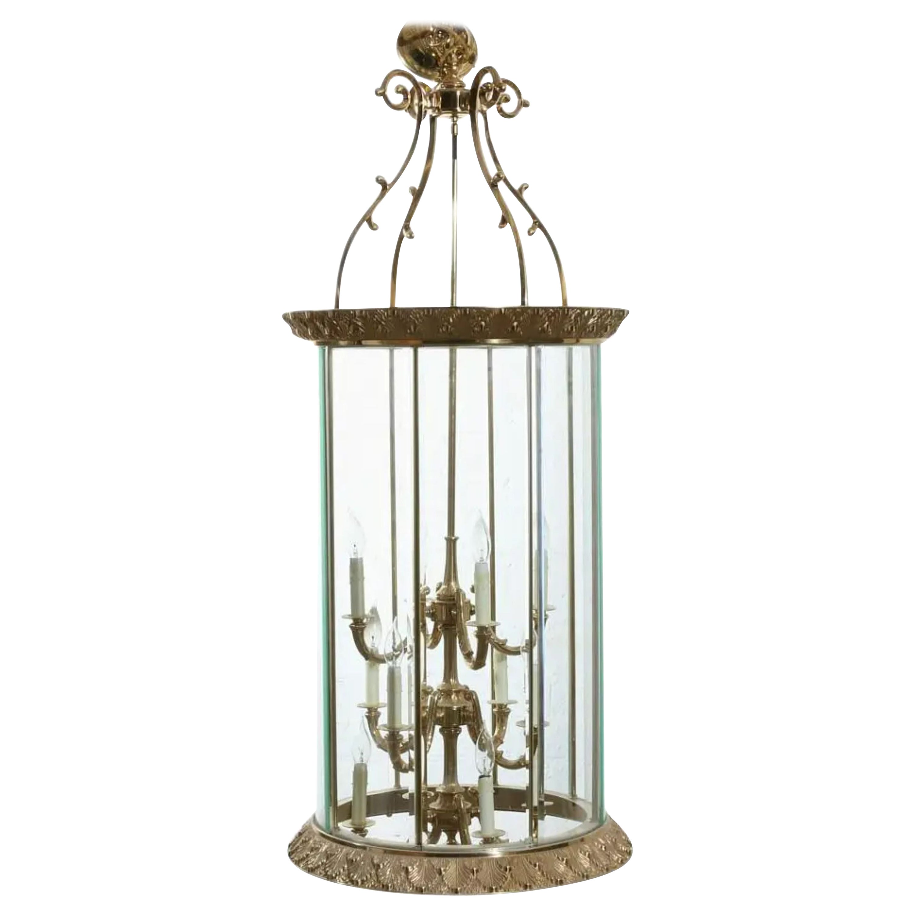 Vintage Hollywood Regency Gilt Brass & Glass Lantern Chandelier