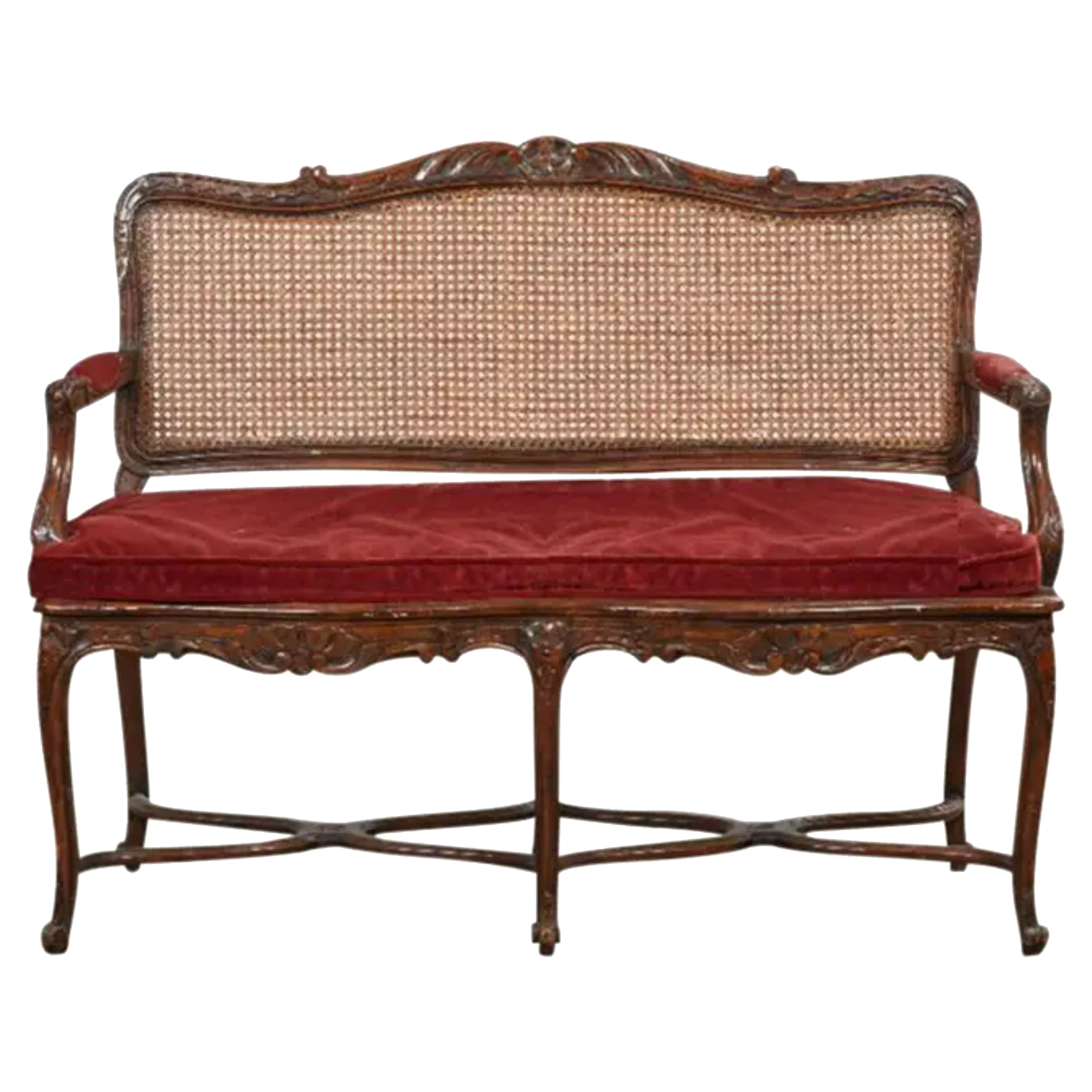 Louis XV Style French Provincial Carved Walnut & Cane Seat Settee