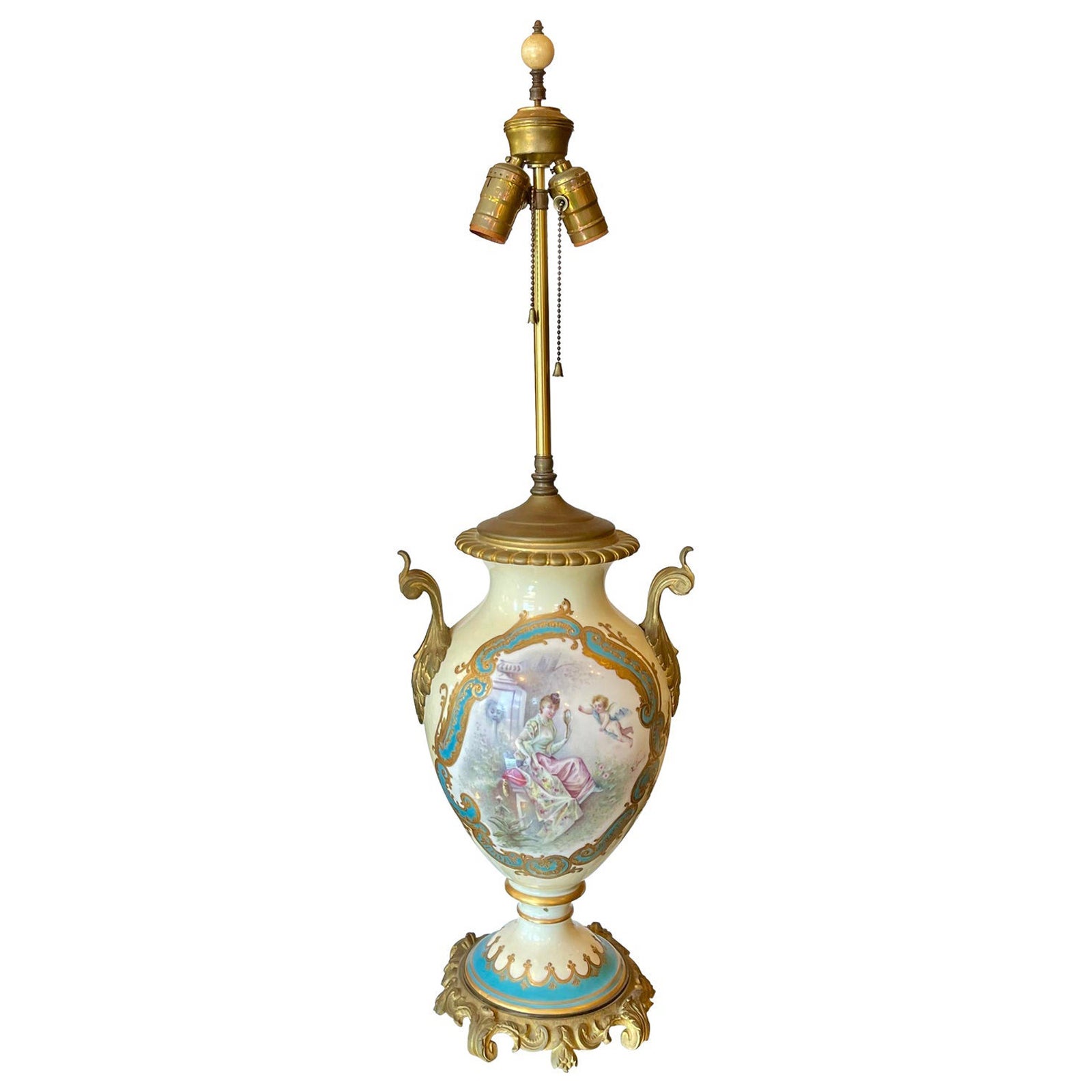 Antique French Porcelain & Gilt Bronze Serves Style Scenic Vase Table Lamp For Sale