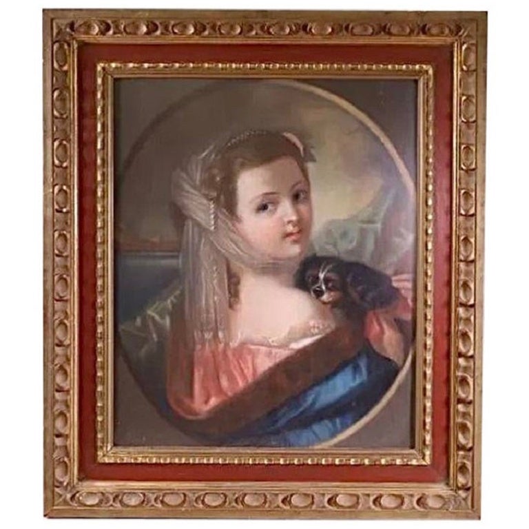 Antique French Portrait Pastel Oil Painting of Girl & Dog, 19th Century