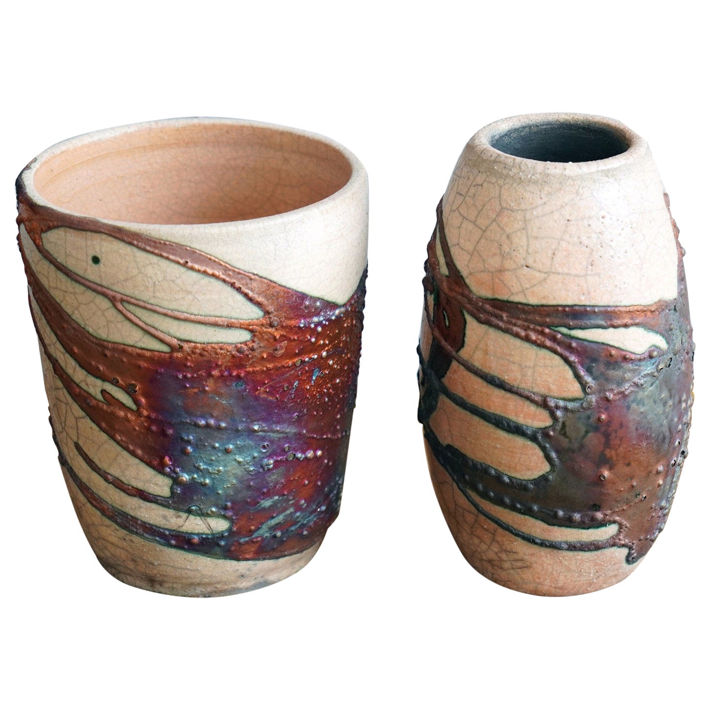 Vase en poterie Shinsen & Tsuri Raku - demi cuivre mat - décoration en céramique faite à la main en vente