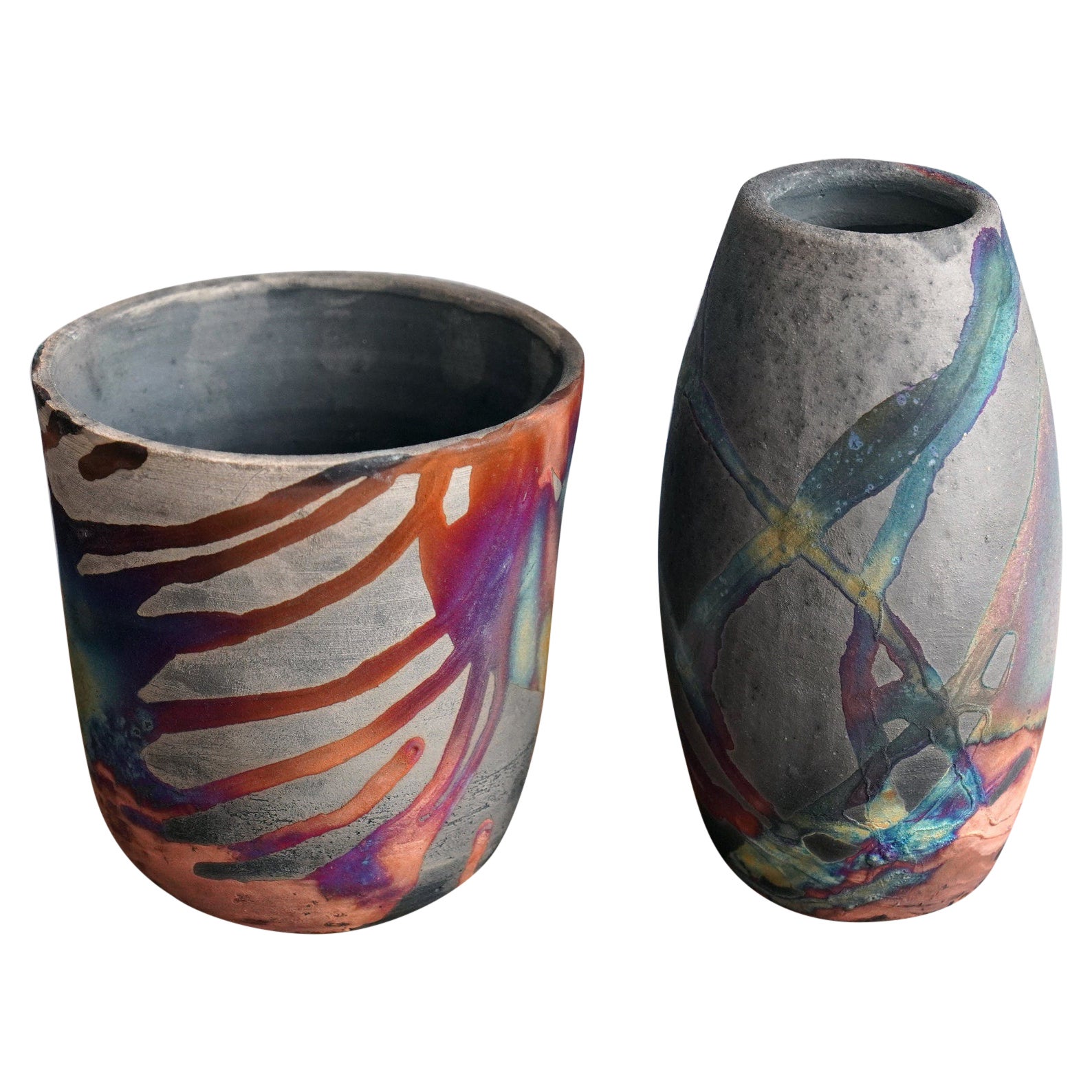 Vase en poterie Shinsen & Tsuri Raku cuivre au carbone - Décor en céramique fait à la main en vente