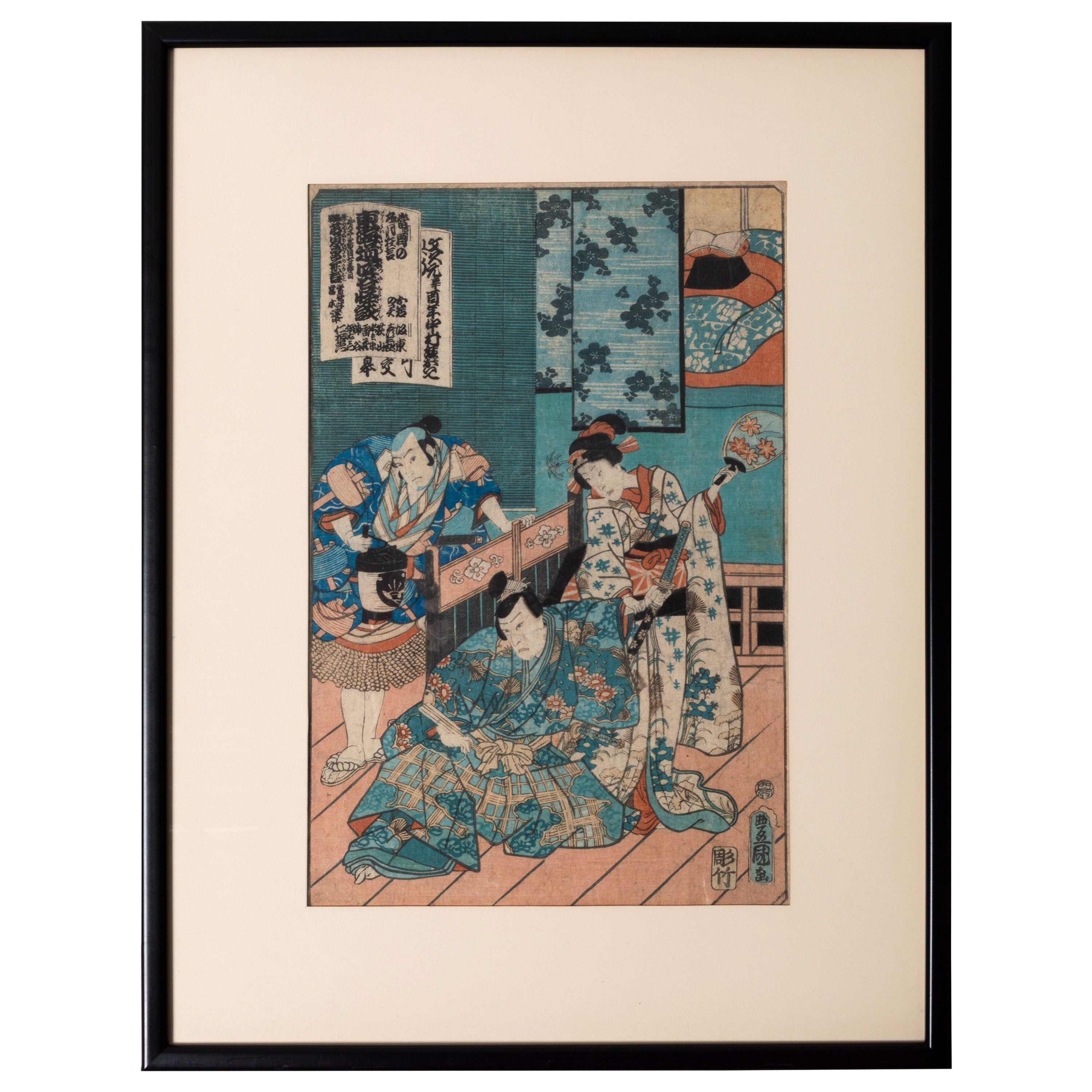 Framed Japanese 19th Century Woodblock Print of Kabuki Actors Toyokuni III 