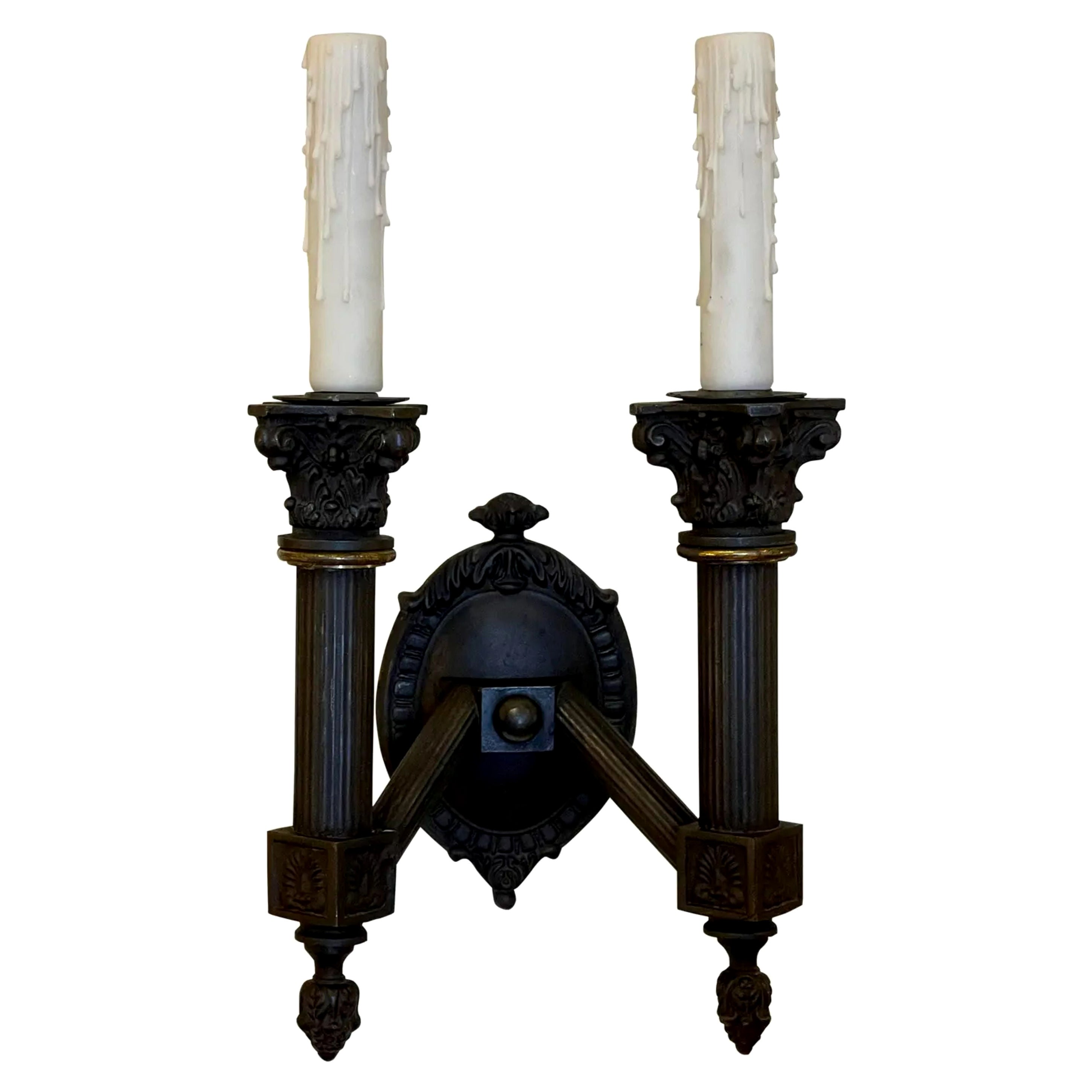 19th C, Style Empire Black Neoclassical Corinthian Column 2 Lite Wall Sconce For Sale