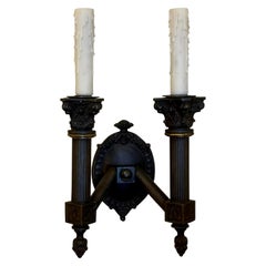 19th C, Style Empire Black Neoclassical Corinthian Column 2 Lite Wall Sconce