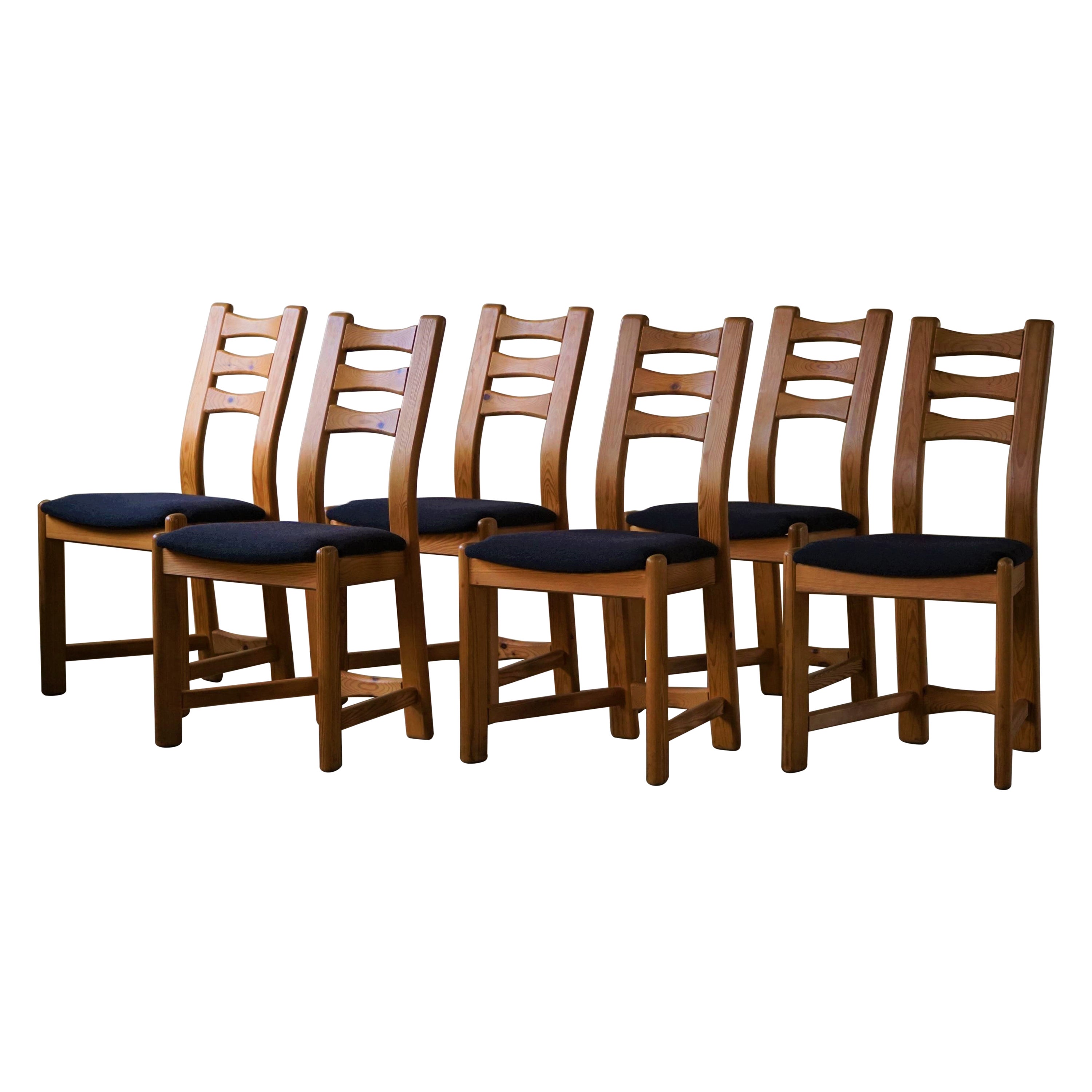 Set of 6 Brutalist Chairs in Pine & Wool, Reupholstered, Danish Modern, 1970s