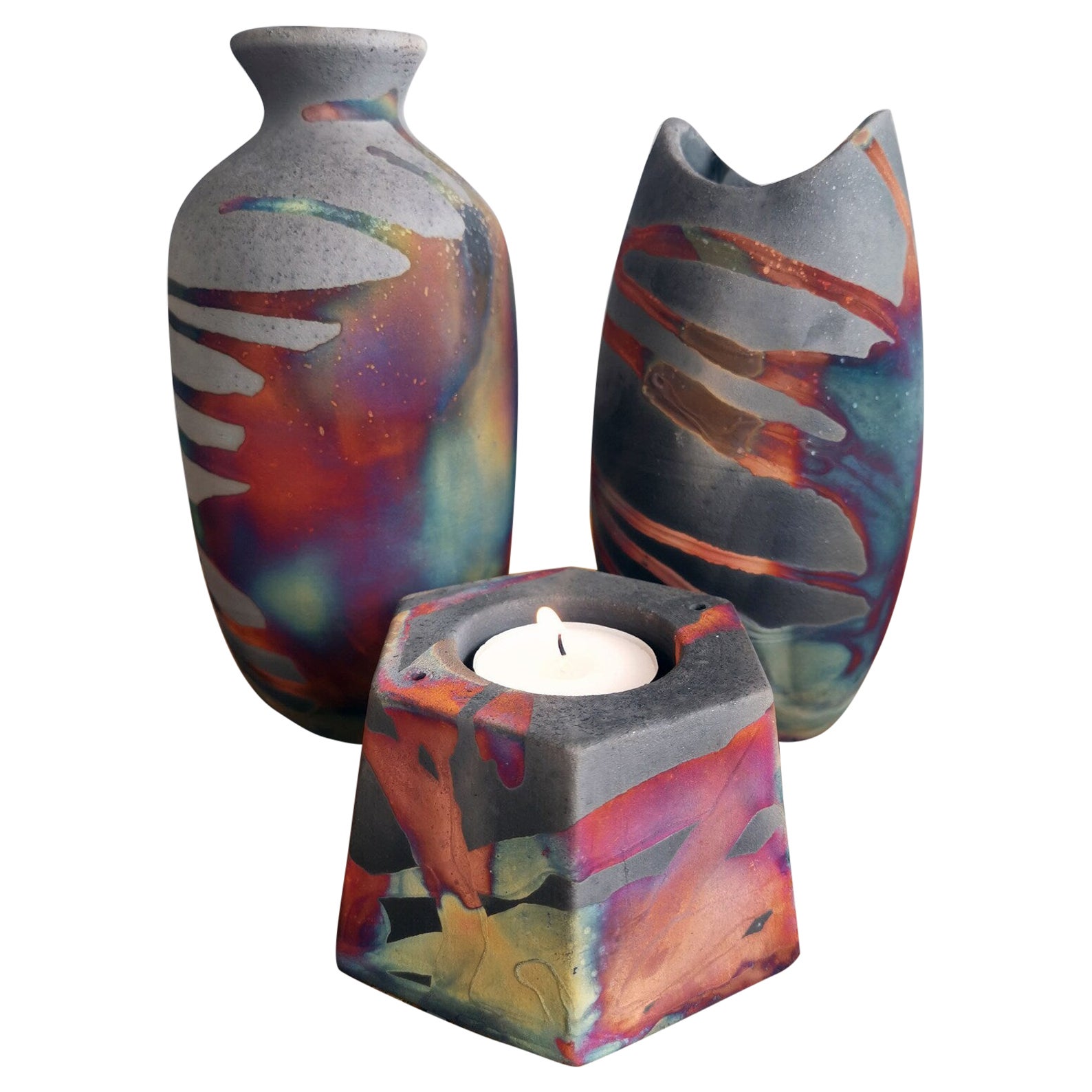 Koi, Koban, Keihatsu Raku Pottery Vase - Carbon Copper - Handmade Ceramic Decor For Sale