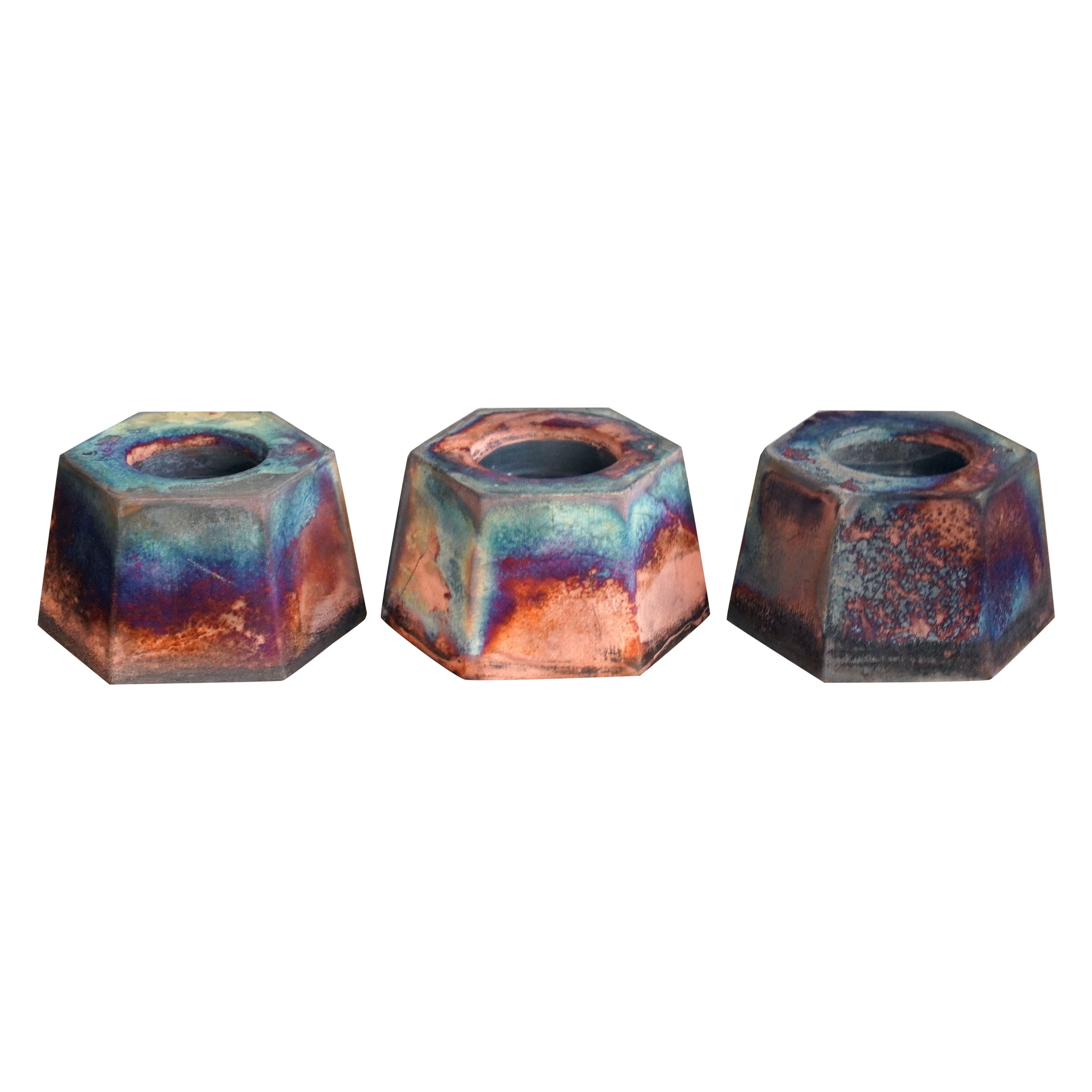 Keihatsu - Porte-bougies Raku 3 pack, entièrement en cuivre mat, décor en céramique faite à la main en vente