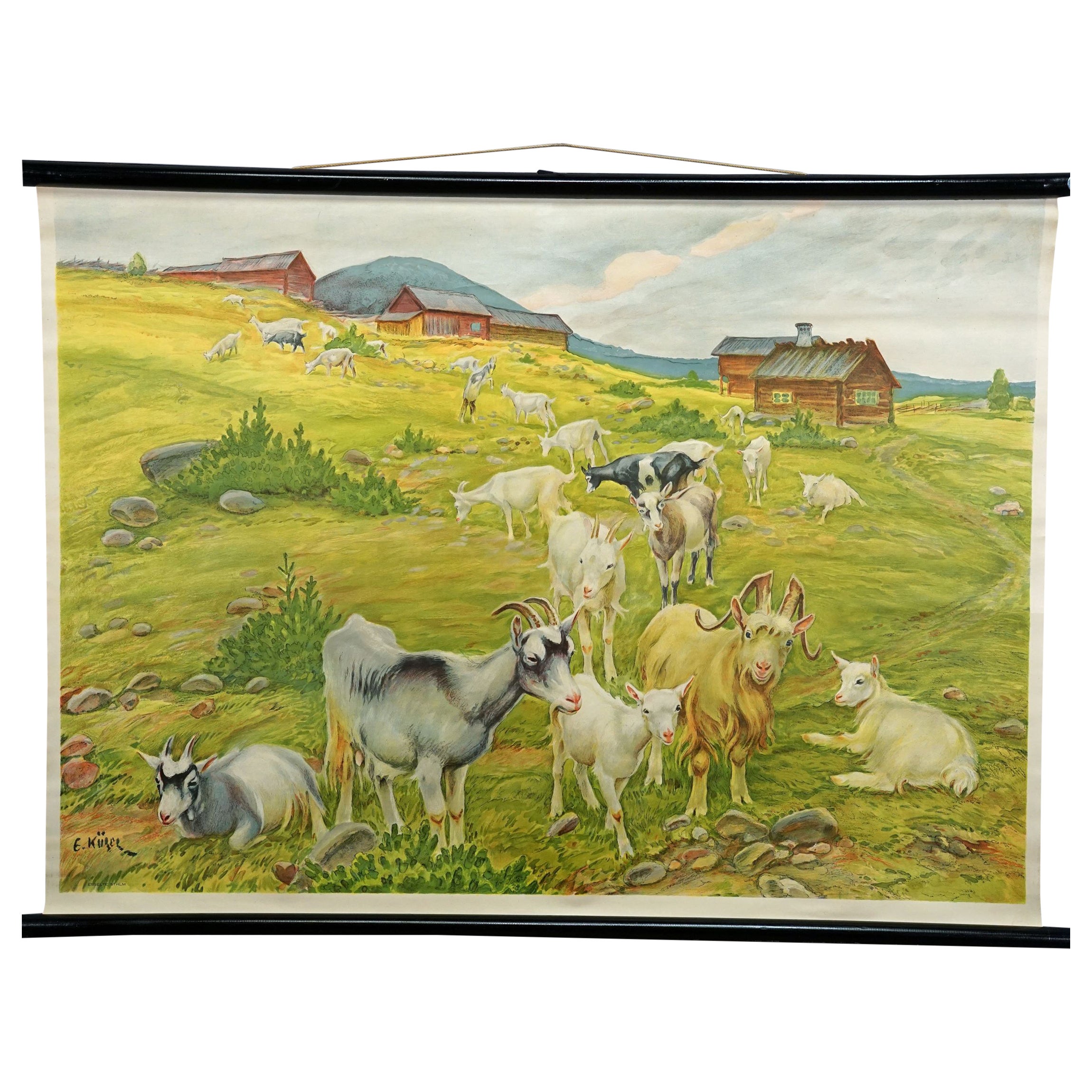 Rollbare Vintage-Wandtafel „Goats on the Mountain Pasture“ von Countrycore