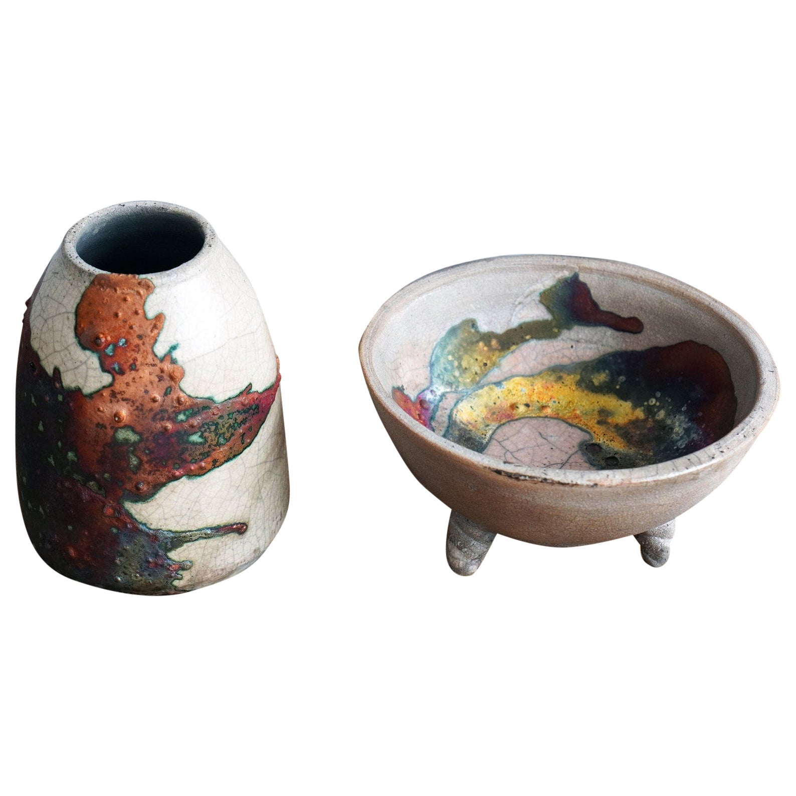 Mizu Suzu 2 Pack Raku Pottery Trinket Bowl, Half Copper Matte, Handmade Ceramic For Sale