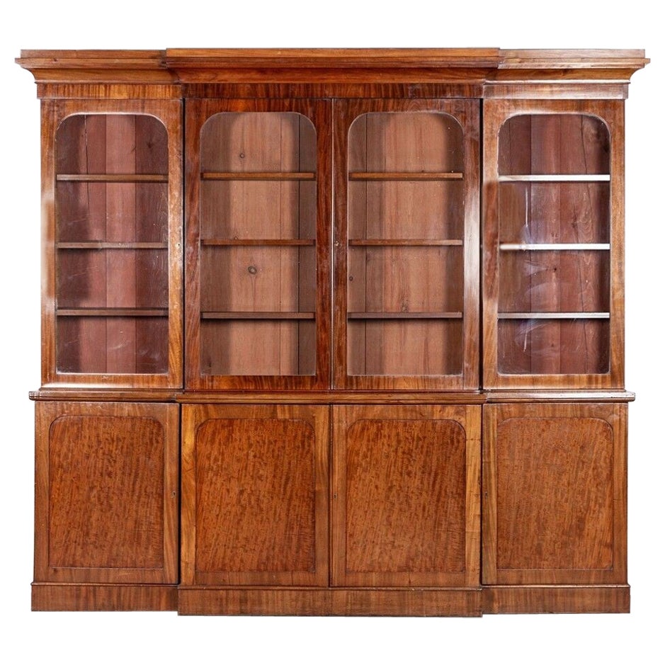 Large 19thC English Breakfront Glazed Mahogany Collectors Cabinet / Bookcase For Sale