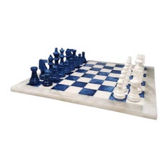 1970s White and Blue Chess Set in Volterra Alabaster Handmade