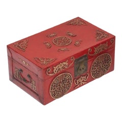 Antique Chinese Red Lacquer Lock Box, 19th Century