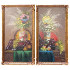 Antique Pair of 19th C Style Chinoiserie Still Life Oil Paintings