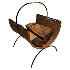 Rattan and Black Lacquered Metal Logs Holder