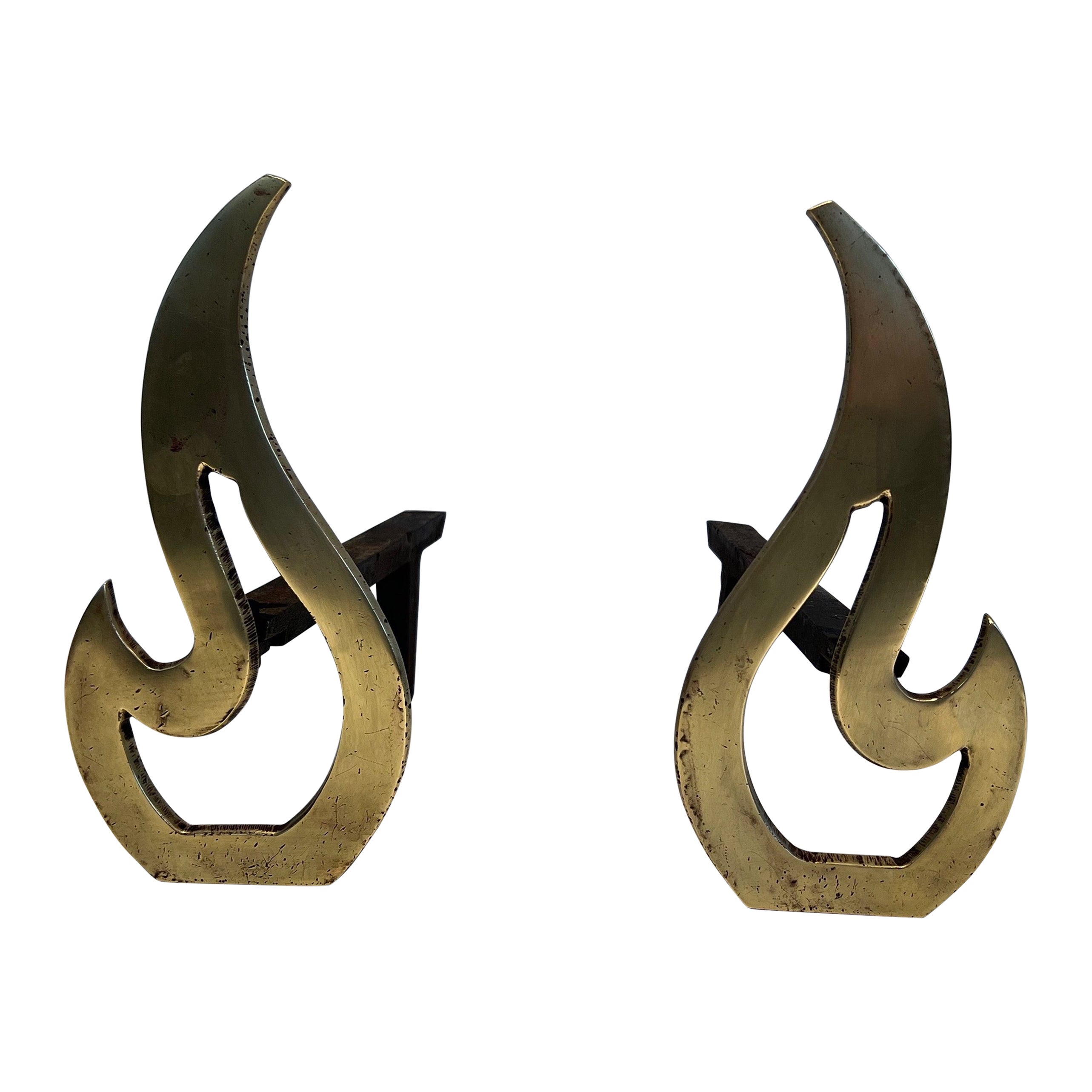 Pair of Flame Brass Andirons For Sale