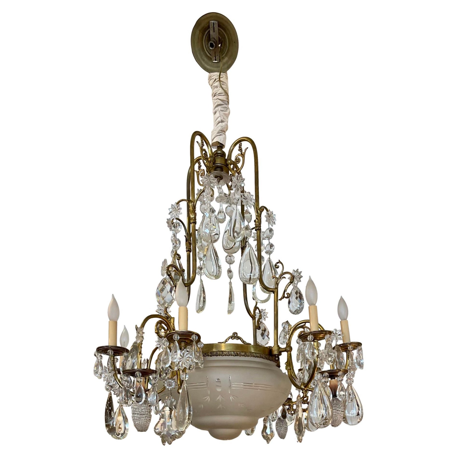 Antique Victorian Brass & French Crystal Chandelier, 19th Century