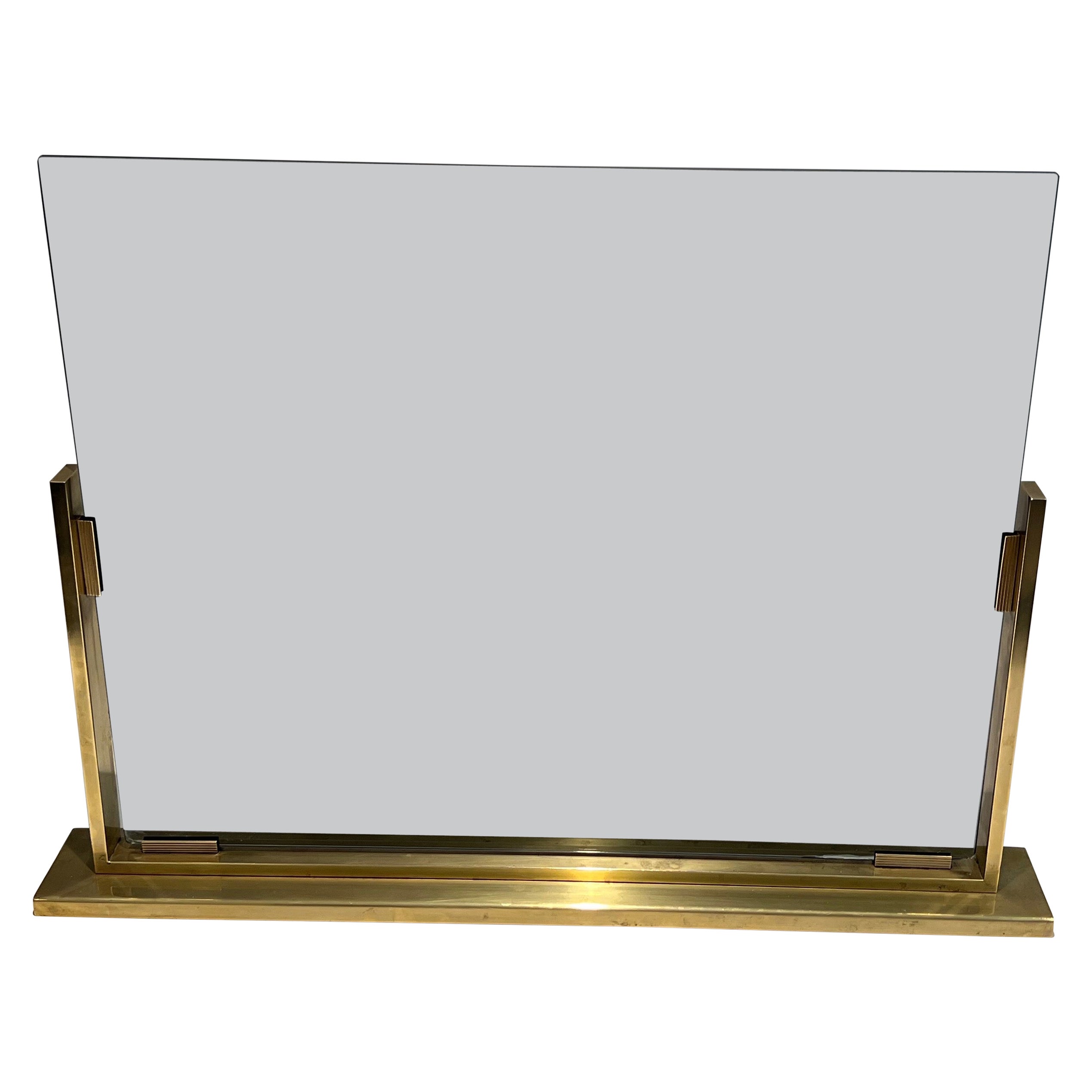 Smoked Glass and Brass Fireplace Screen For Sale