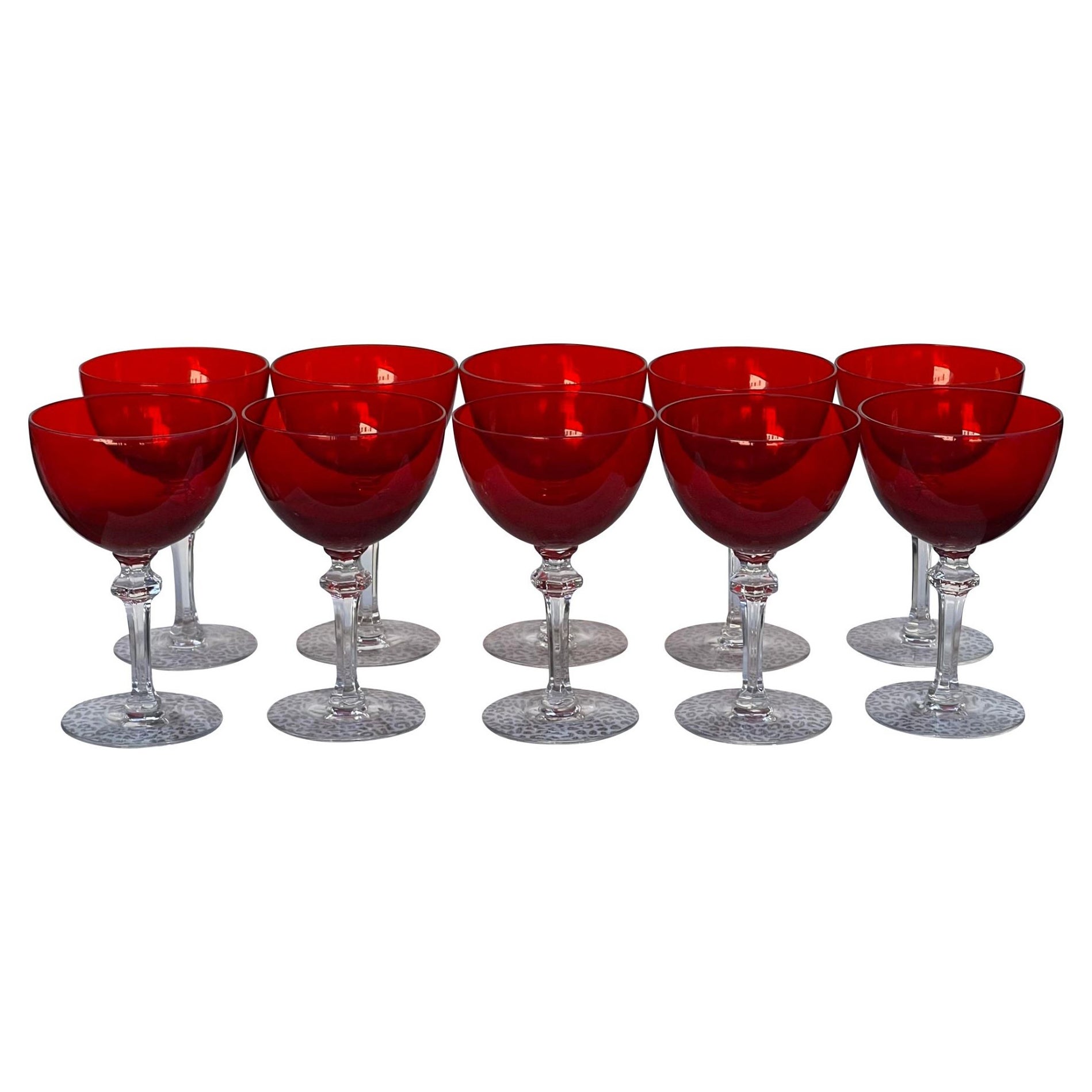 Set of 10 Art Deco Morgantown Red Wine Glasses Champagne Stems, 1930s For Sale