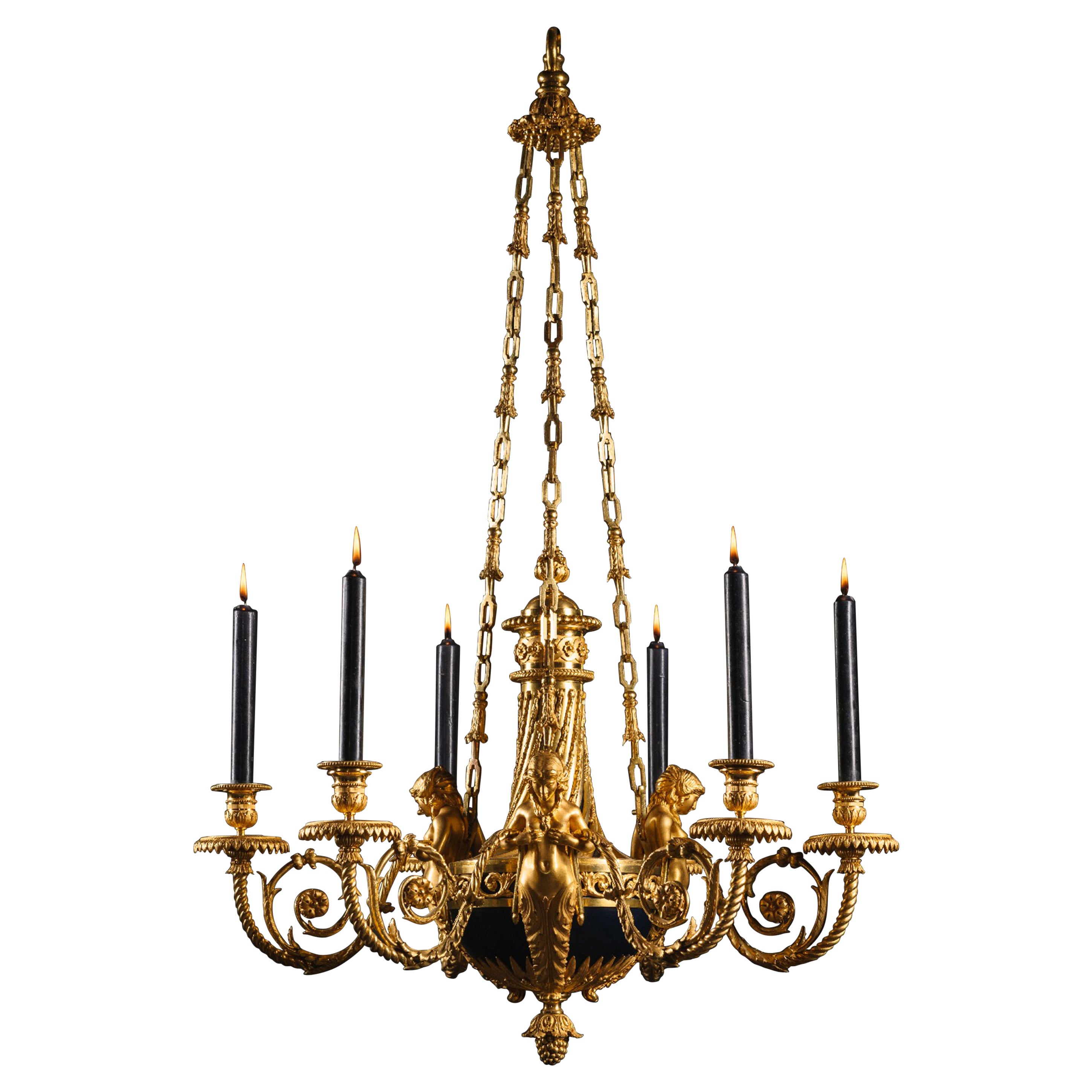 Sechs-Licht-Kronleuchter aus vergoldeter Bronze im Louis-XVI.-Stil ''aux Termes'' im Angebot