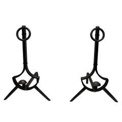 Vintage Pair of Modernist Cast Iron and Wrought Iron Andirons