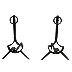 Pair of Modernist Cast Iron and Wrought Iron Andirons