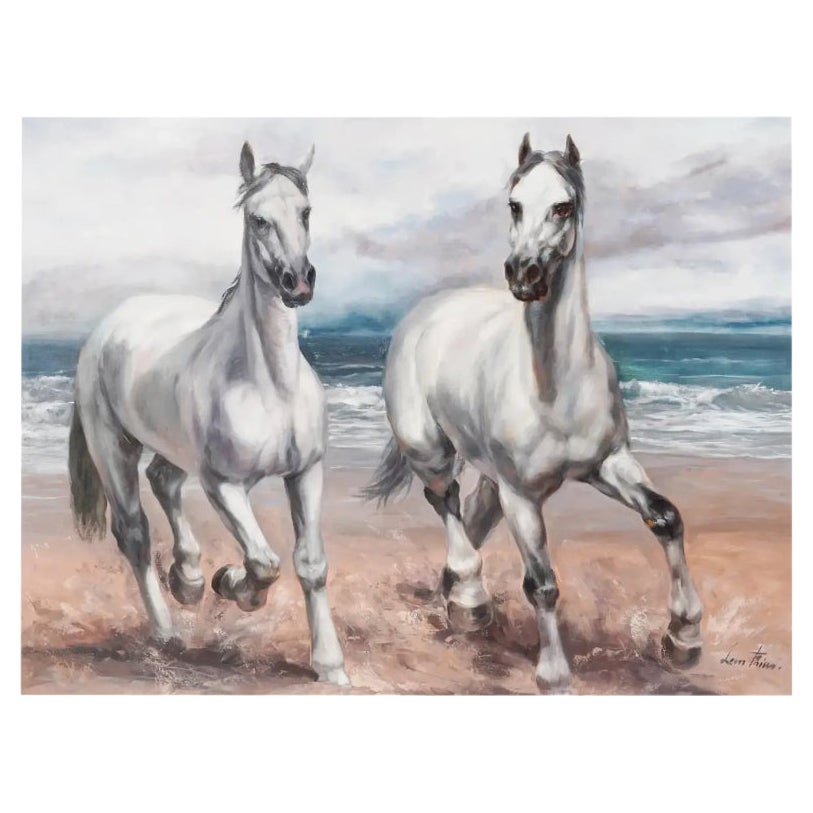 Peinture à l'huile moderne de Leon Frias représentant des chevaux arabes